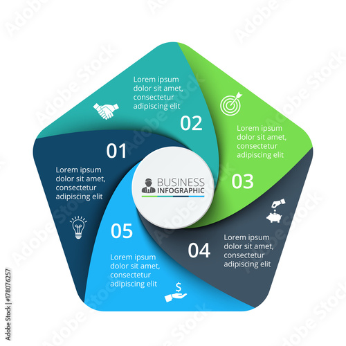 Vector pentagon element for infographic. Template for cycle diagram, graph, presentation and chart. Business concept with 5 options, parts, steps or processes. Abstract background.