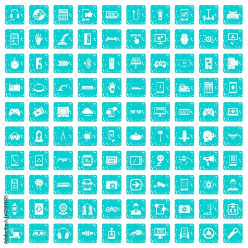 100 gadget icons set grunge blue