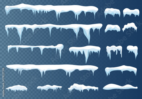 Set of snow icicles, snow cap isolated. Snowy elements on winter background. Vector template in cartoon style