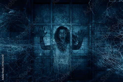 3d illustration of Scary ghost woman in haunted house,Horror background,mixed media
