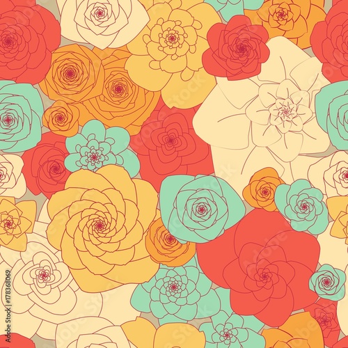 Simple primitive seamless floral pattern of bright large flowers. Vector illustration