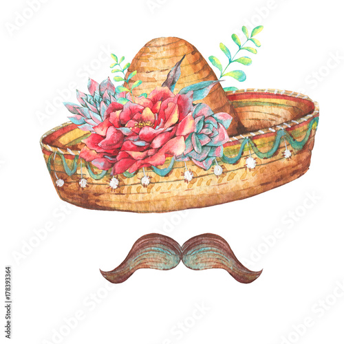 Mexican watercolor greeting card with sombrero