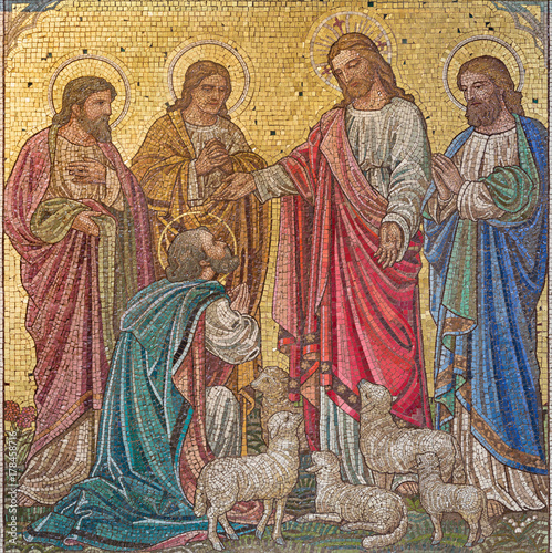 LONDON, GREAT BRITAIN - SEPTEMBER 17, 2017: The scene in the mosaic ‘Feed my sheep’ - Jesus give the power to St. Peter in church St. Barnabas by Bodley and Garner (end of 19. cent.).