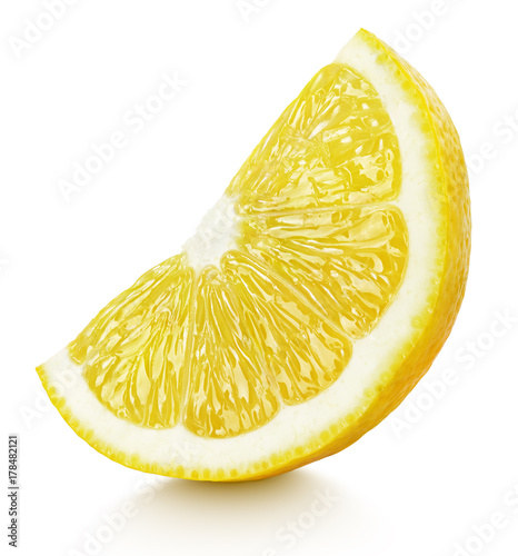 Ripe wedge of yellow lemon citrus fruit stand isolated on white background with clipping path