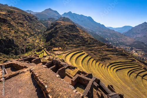 Sacred Valley, Peru - August 02, 2017: Ancient ruins of Pisac in the Sacred Valley, Peru