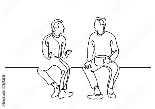 one line drawing of two sitting men talking