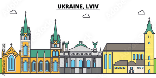 Ukraine, Lviv outline city skyline, linear illustration, line banner, travel landmark, buildings silhouette,vector