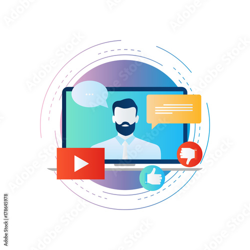 Customer service, live chat support, video tutorial gradient color vector illustration design. Customer online assistance, online tutorial, internet training icon design for web banners and apps