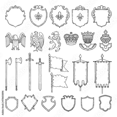 Medieval heraldic symbols isolate on white. Vector hand drawn illustrations