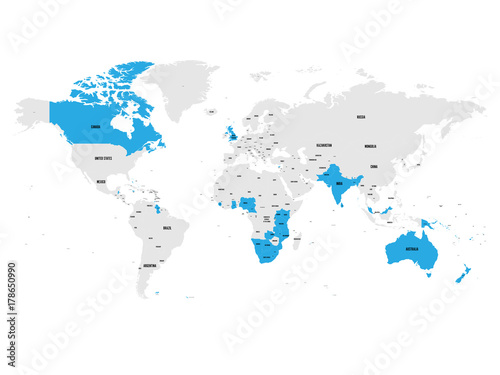 Member states of the British Commonwealth blue highlighted in the world map. Vector illustration.