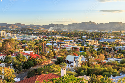 Windhoek rich resedential area quarters on the hills with mountains in the background, Windhoek, Namibia