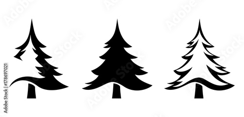 Vector set of black silhouettes of fir trees isolated on a white background.