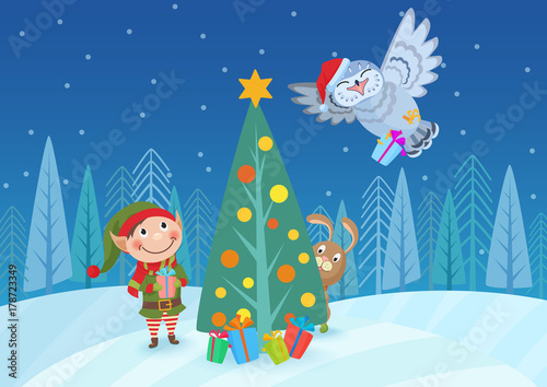 Vector illustration of adorable elf and animals at Christmas tree in forest. Greeting card.