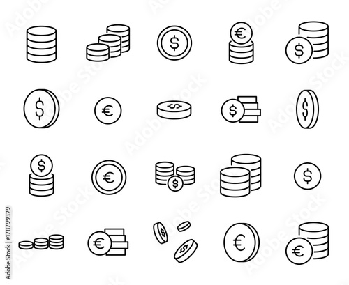 Simple collection of coin related line icons.