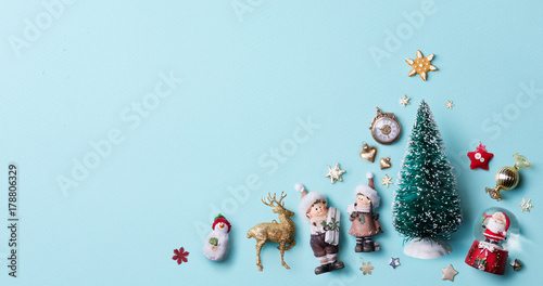 Christmas holidays ornament flat lay; Christmas card background