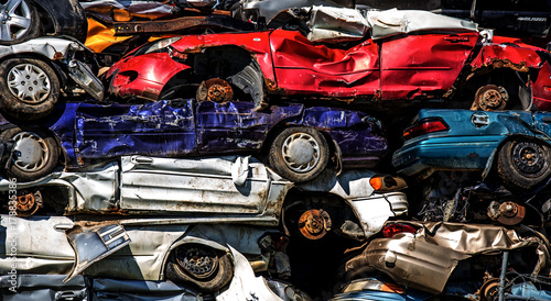 A close up of a stack of red, purple, blue and white compressed cars at a junkyard