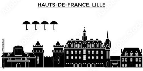 France, Hauts De France, Lille architecture skyline, buildings, silhouette, outline landscape, landmarks. Editable strokes. Flat design line banner, vector illustration concept. 