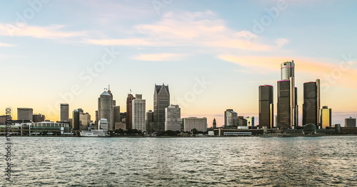 Detroit City Skyline at dusk as viewed from Windsor, Ontario, Canada.