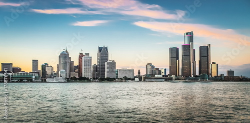 Detroit City Skyline at dusk as viewed from Windsor, Ontario, Canada.