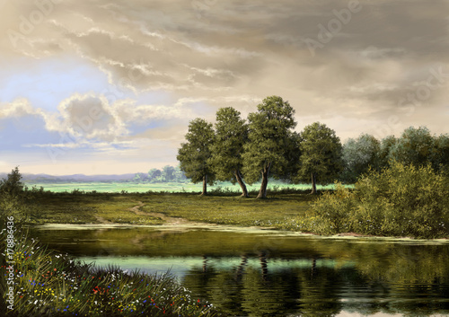 Paintings landscape, oil digital paint, art, river, trees, sky