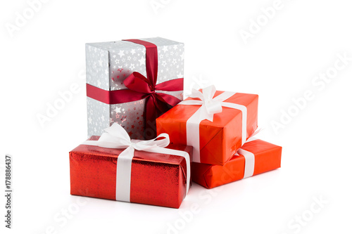 Many gift box white ribbon isolated on white background, using for christmas and new year or holiday other.