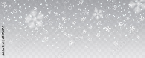 Vector heavy snowfall, snowflakes in different shapes and forms. Many white cold flake elements on transparent background. White snowflakes flying in the air. Snow flakes, snow background.