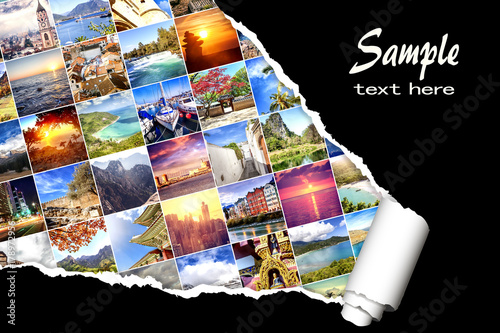 Background with many photos from vacation and travel, destination all over the world, with effect of ripped paper. Design, advertising, concept