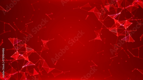  Moving and glowing triangles and particles on a red abstract background