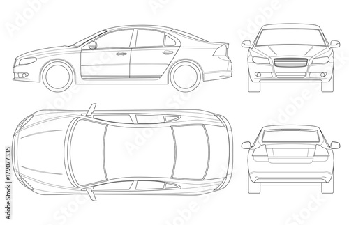 Sedan car in outline. Business sedan vehicle template vector isolated on white. View front, rear, side, top. All elements in groups