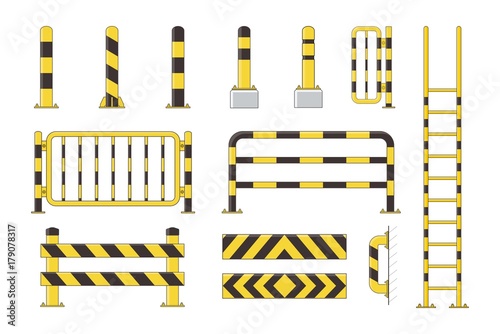 Guard post sentry yellow and black collection, icon flat column bollard set vector illustration