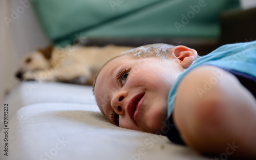 Jack Russell terrier leży na kanapie z chłopczykiem