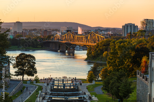 Ottawa Rideau Canal Locks and Alexandra Bridge Glowing Orange at Sunset