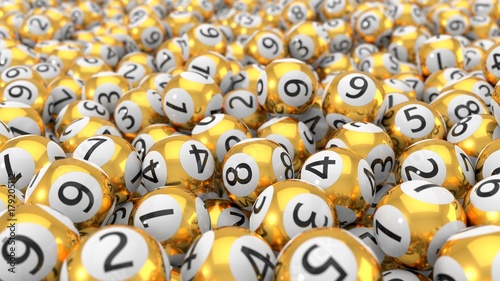 golden lottery balls stack background. 3d illustration