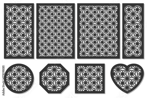 Set cards cut. Vector panels laser cutting. Ratio 1:2, 2:3, 3:4, 1:3, round, octagon, square, heart. Cut silhouette geometric pattern. Used openwork partitions, panel, printing, laser cutting, stencil