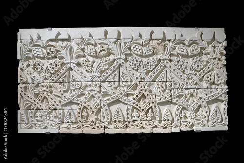Ataurique baseboard. Detailed carved panel with intricate patterns, Cordoba, Andalusia, Spain