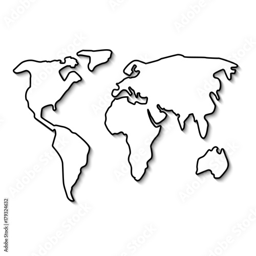 World map black line. Outline minimal style design. Vector illustration flat. Isolated on white background. Simple form continent.
