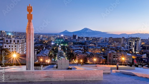 Yerevan city at the evening with Mt. Ararat
