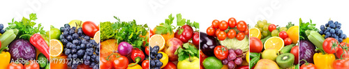Panoramic collection fresh fruits and vegetables isolated on white background.