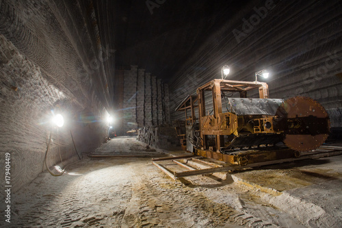 Salt saw machine in underground salt mine shaft