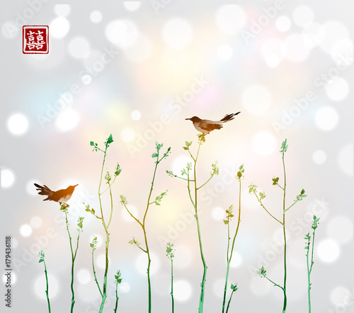 Two birds and green young trees branches with fresh leaves on white glowing background. Traditional oriental ink painting sumi-e, u-sin, go-hua. Contains hieroglyph - double luck.