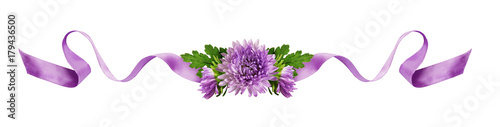 Curled lilac silk ribbon and aster flowers composition