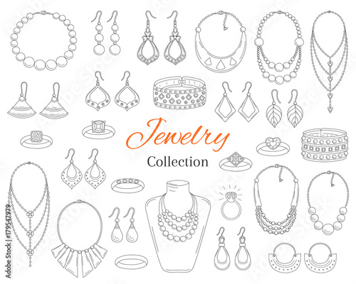 Fashionable jewelry collection, vector hand drawn doodle illustration.