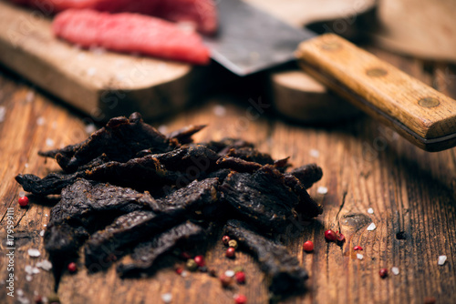 Smoked beef jerky on on a table