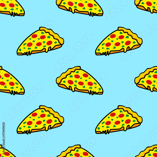 Abstract seamless pizza pattern for girls or boys. Creative vector background with italian pizza, tomatoes, . Funny wallpaper for textile and fabric. Fashion pizza style. Colorful bright picture