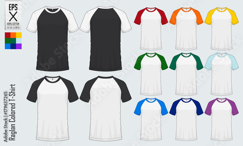 Raglan round neck t-shirts templates. Set of colored sleeve jersey mockup in front view and back view for baseball, soccer, football , sportswear or casual wear. Vector illustration.