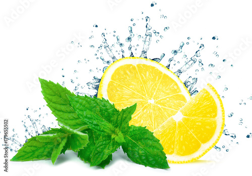 lemon splash water and mint isolated on white background 