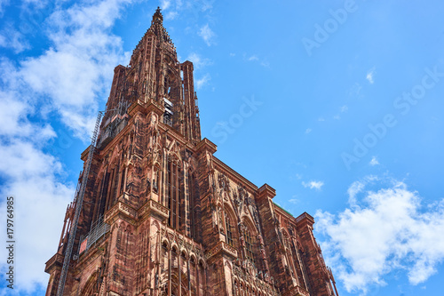 Great Cathedral Notre Dame de Strasbourg before blue Sky in Alsace, France