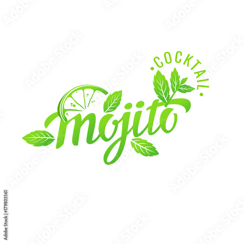 Modern hand drawn lettering label for alcohol cocktail Mojito.