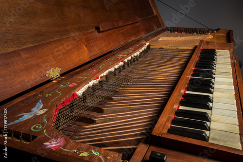 Details of an old baroque clavichord strings keyboard