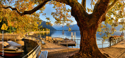 Pier at Geneva Lake in Montreux Vaud canton Switzerlandof in autumn